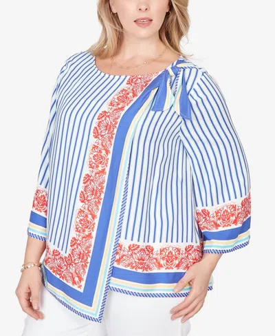Ruby Rd. Plus Size Striped Scarf Print Tie Shoulder Top In Blue