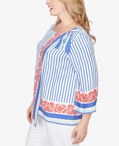 Ruby Rd. Plus Size Striped Scarf Print Tie Shoulder Top In Blue