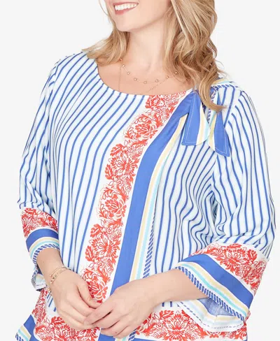 Ruby Rd. Plus Size Striped Scarf Print Tie Shoulder Top In Blue