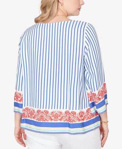 Ruby Rd. Plus Size Striped Scarf Print Tie Shoulder Top In Blue