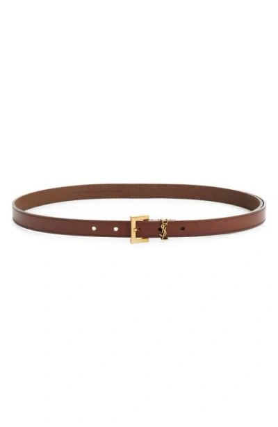 Saint Laurent Cassandre Logo Skinny Leather Belt In Brown
