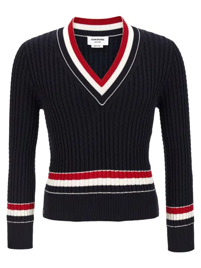 Thom Browne Intarsia Sweater V Neck Cable Knit Buttons In Blue