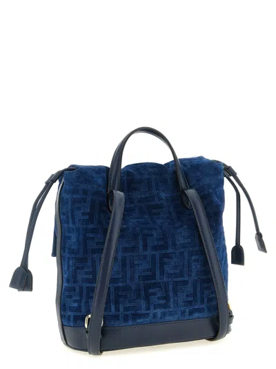 Fendi Women Denim Backpack With Flocked Ff Detail In Blue