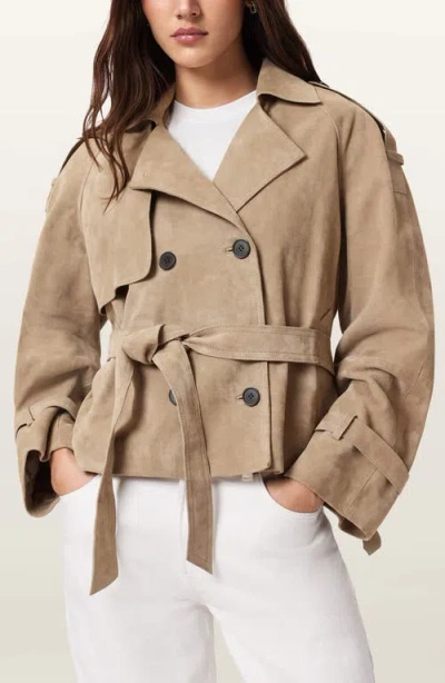 Allsaints Reed Short Belted Suede Trench Coat In Brown