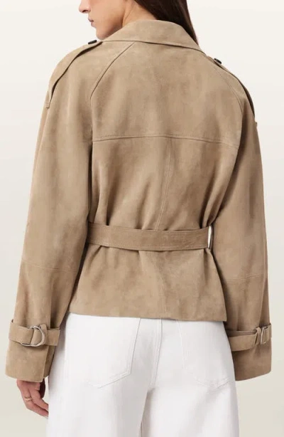 Allsaints Reed Short Belted Suede Trench Coat In Brown