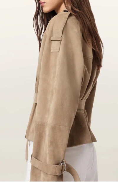 Allsaints Reed Short Belted Suede Trench Coat In Brown