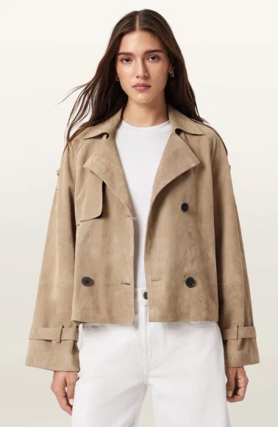 Allsaints Reed Short Belted Suede Trench Coat In Brown