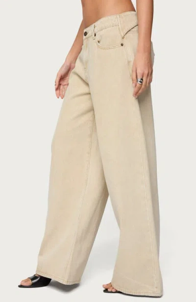 Edikted Button Strap Low Rise Baggy Wide Leg Jeans In Neutral | ModeSens