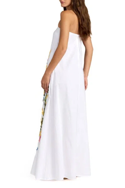 Mac Duggal Floral Embroidered Linen Strapless Trapeze Gown In White