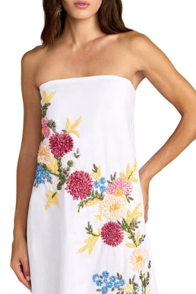 Mac Duggal Floral Embroidered Linen Strapless Trapeze Gown In White