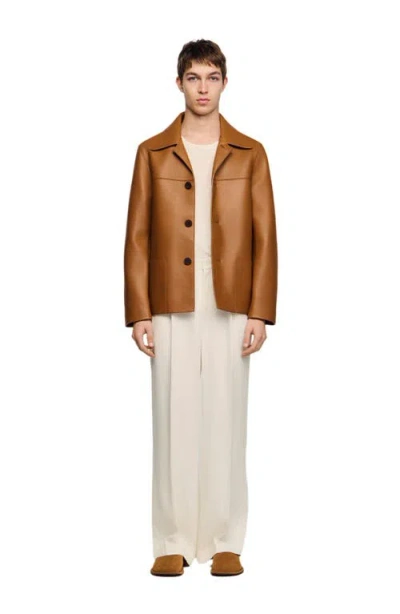 Sandro Buttoned Lambskin Jacket In Brown