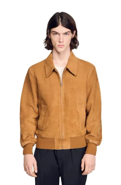 Sandro Thomas Suede Leather Jacket In Brown