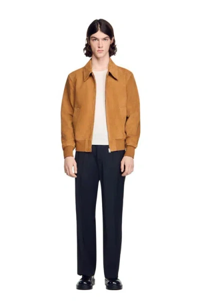 Sandro Thomas Suede Leather Jacket In Brown