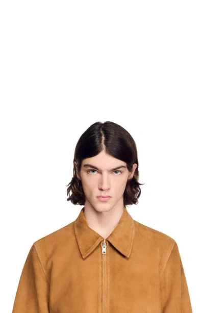 Sandro Thomas Suede Leather Jacket In Brown