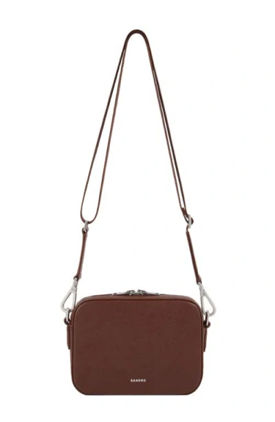 Sandro Mens Cognac Logo-embellished Leather Cross-body Bag In Brown