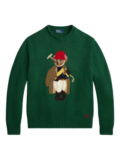 Polo Ralph Lauren Long Sleeve Cotton Linen Society Bear Rollneck Sweater In Green