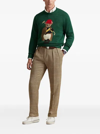 Polo Ralph Lauren Long Sleeve Cotton Linen Society Bear Rollneck Sweater In Green