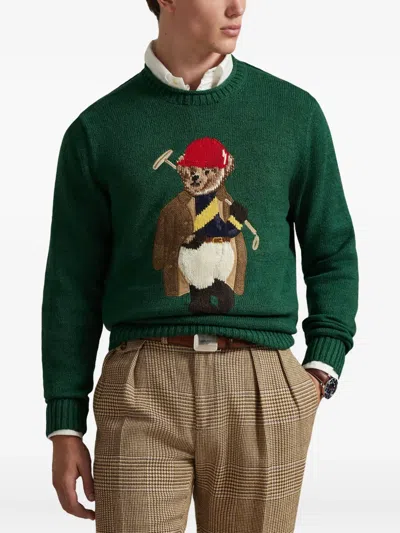 Polo Ralph Lauren Long Sleeve Cotton Linen Society Bear Rollneck Sweater In Green