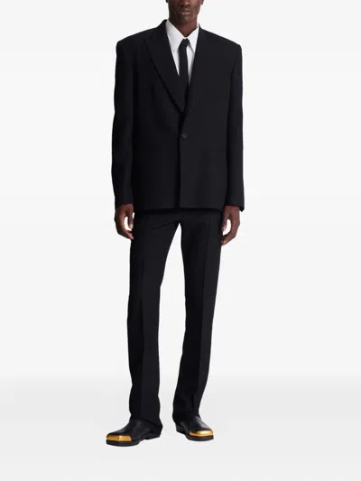 Balmain Monogram-pattern Single-breasted Wool Blazer In Blue