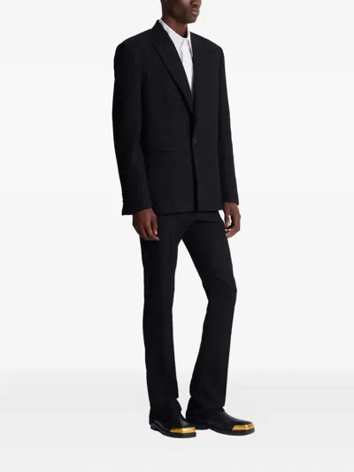 Balmain Monogram-pattern Single-breasted Wool Blazer In Blue