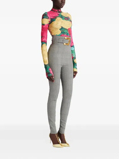 Balmain Check-pattern Belted Trousers In Gray