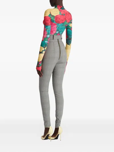 Balmain Check-pattern Belted Trousers In Gray