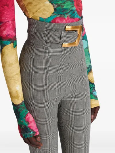 Balmain Check-pattern Belted Trousers In Gray