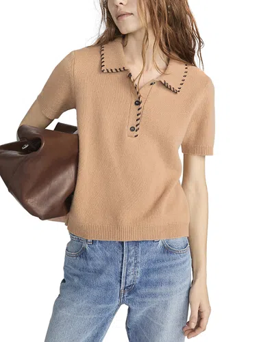 Frame Whipstitched Leather-trimmed Wool And Cashmere-blend Polo Shirt In Brown