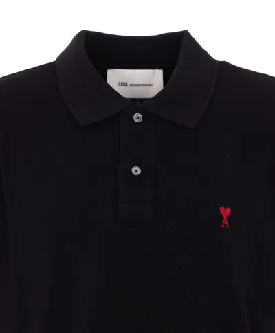 Ami Alexandre Mattiussi Ami Paris Men Black Polo Shirt With Adc Embroidery At The Front In Cotton Man In Black