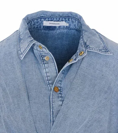 Zimmermann Rebellion Gathered Denim Mini Wrap Dress In Blue