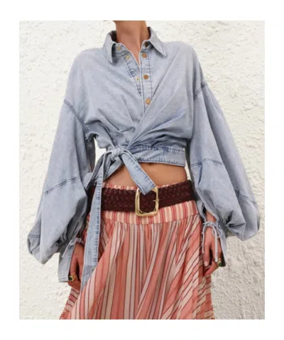 Zimmermann Rebellion Denim Wrap Top Tops Blue In Multi