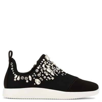Shop Giuseppe Zanotti - Black Fabric 'runner' Sneaker With Crystals Gemma