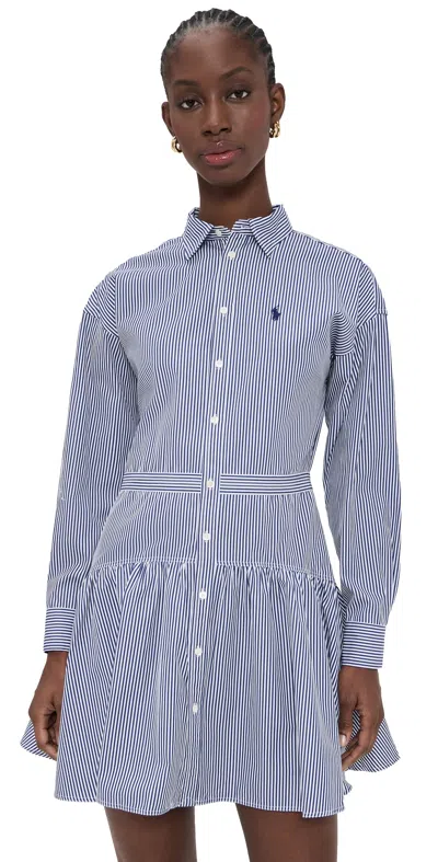 Polo Ralph Lauren Striped Ruffle Midi Shirt Dress In Blue