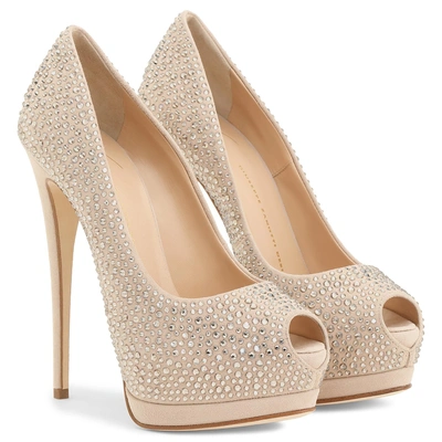 Shop Giuseppe Zanotti - 130 Mm Nude Suede Open-toe Pump With Crystals Sharon Crystal In Beige