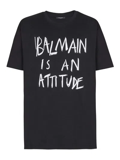 Balmain Crew Neck T Shirt Graphic Print Silk In Black