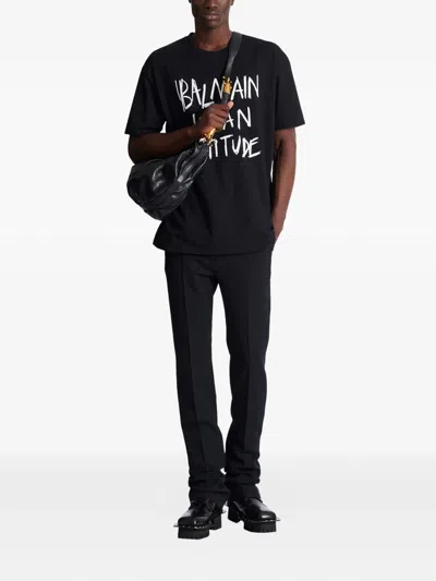 Balmain Crew Neck T Shirt Graphic Print Silk In Black