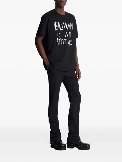 Balmain Crew Neck T Shirt Graphic Print Silk In Black