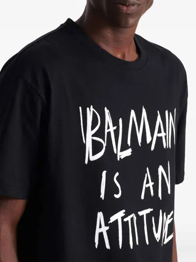 Balmain Crew Neck T Shirt Graphic Print Silk In Black