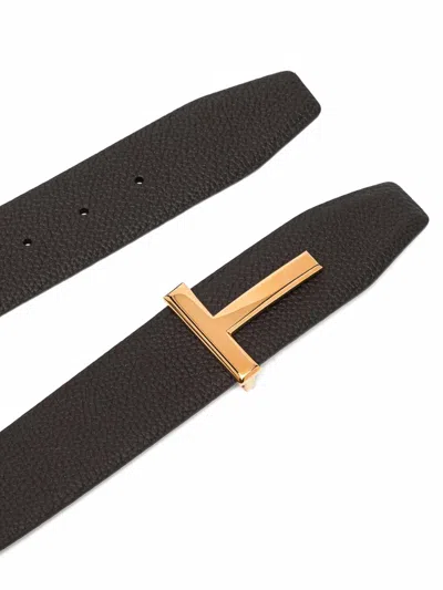 Tom Ford Brown Belt With T-plaque On The Front In Grained Leather Man In Orange