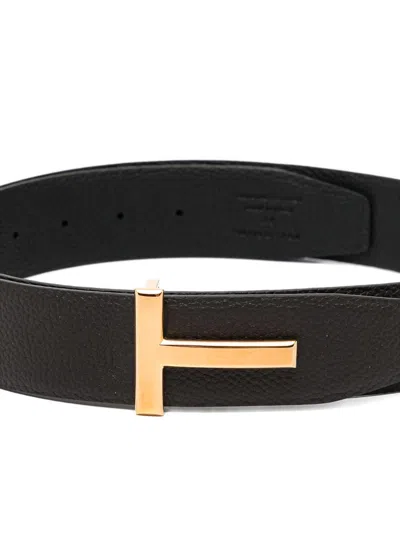 Tom Ford Brown Belt With T-plaque On The Front In Grained Leather Man In Orange