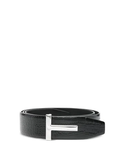 Tom Ford Reversible Crocodile Effect Belt With Metallic Buckle In Black