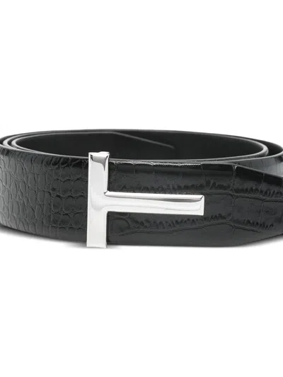 Tom Ford Reversible Crocodile Effect Belt With Metallic Buckle In Black