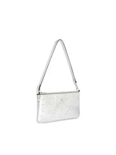 Courrèges Rectangular Zipped Pouch In Crinkled Silver Leather In White