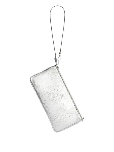 Courrèges Rectangular Zipped Pouch In Crinkled Silver Leather In White