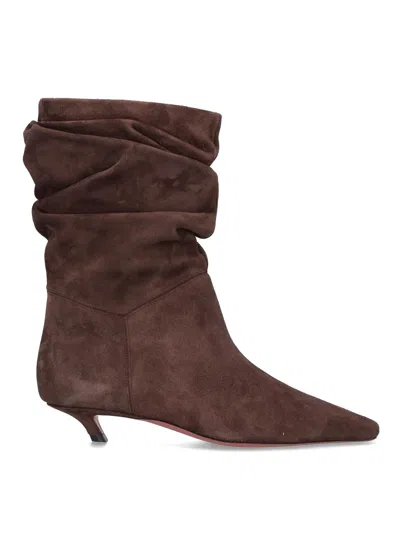 Amina Muaddi Pointed Toe Kitten Heel Slouchy Suede Boots In Multi