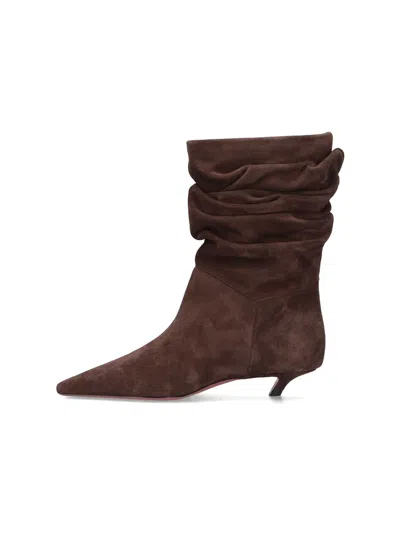 Amina Muaddi Pointed Toe Kitten Heel Slouchy Suede Boots In Multi