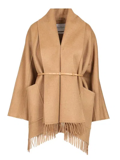 Max Mara Abilita Fringed Camel Hair Belted Cape Jacket In Brown