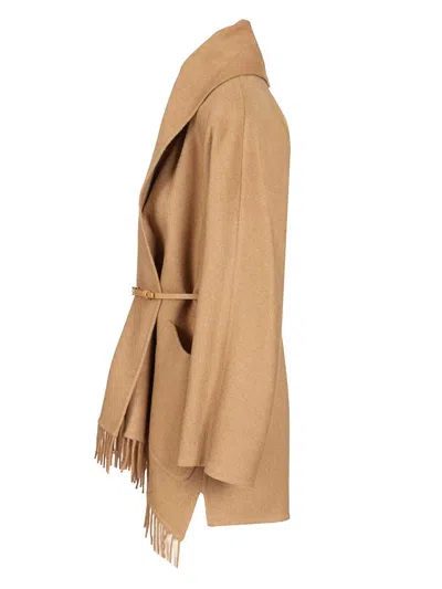 Max Mara Abilita Fringed Camel Hair Belted Cape Jacket In Brown