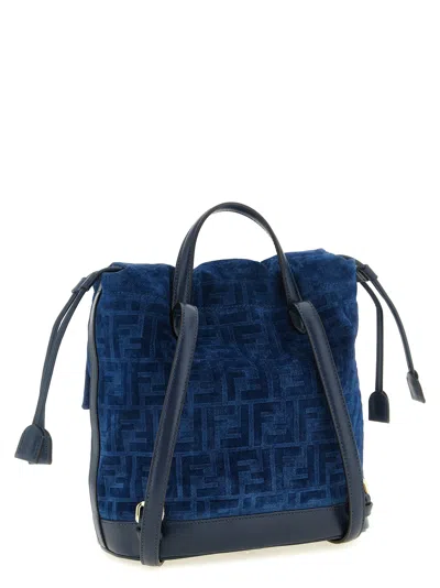 Fendi Women Denim Backpack With Flocked Ff Detail In Blue