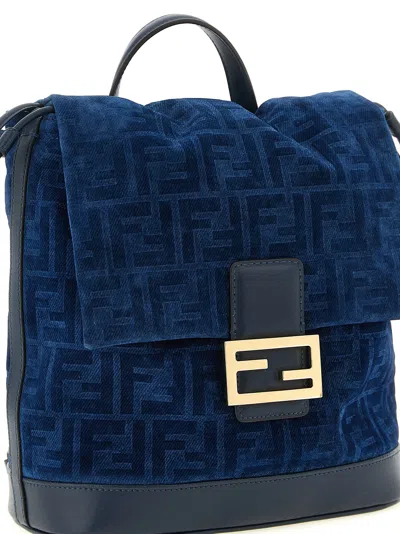 Fendi Women Denim Backpack With Flocked Ff Detail In Blue